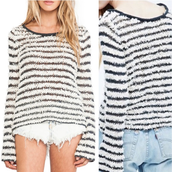 Free People Sweaters - Free People Downy Shaggy Striped Fuzzy Eyelash Sweater Gray Ivory